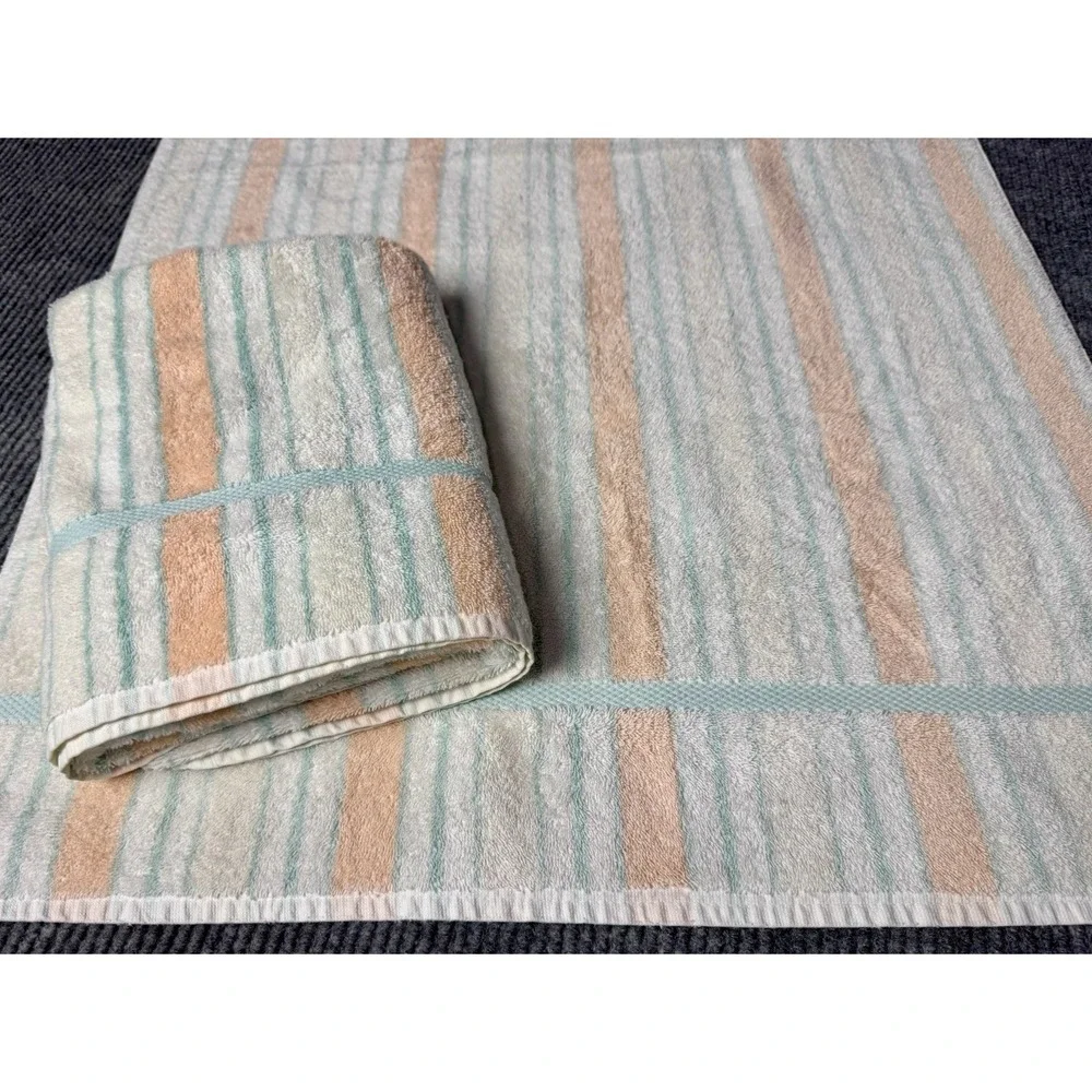 Vintage Cannon Embassy Bath Towel Set 24x45 Pastel Peach Mint Stripe USA Cotton